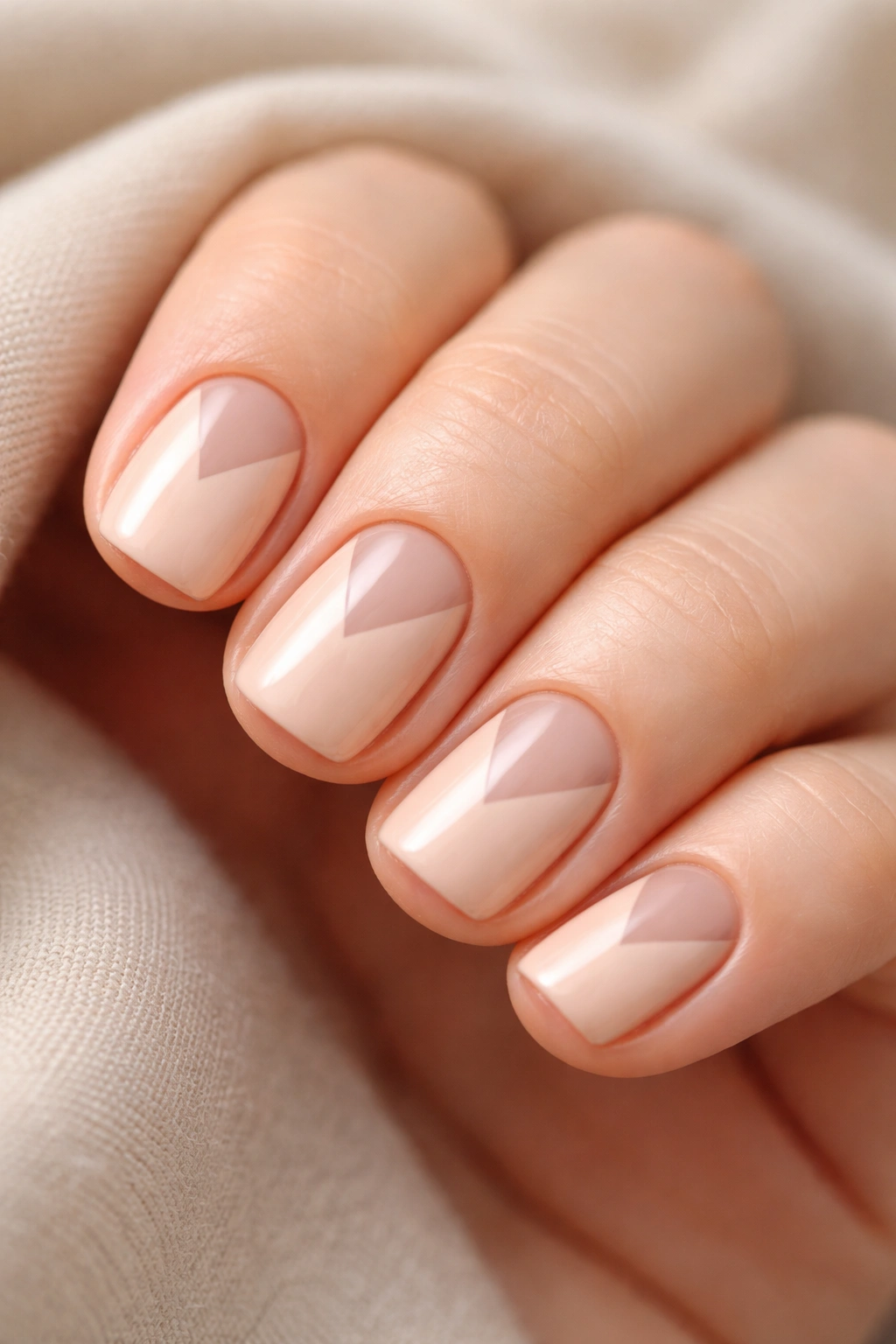 Peachy cream nails with negative-space chevron showing natural nail