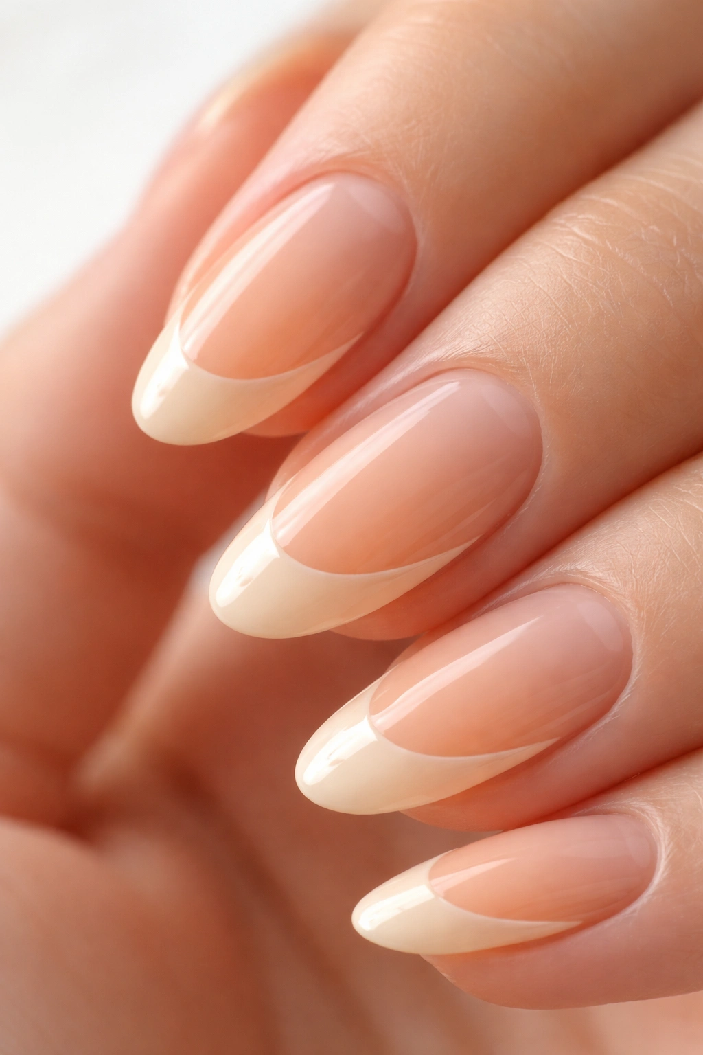Close-up of a short almond nail with peachy cream tip and clear negative space gap