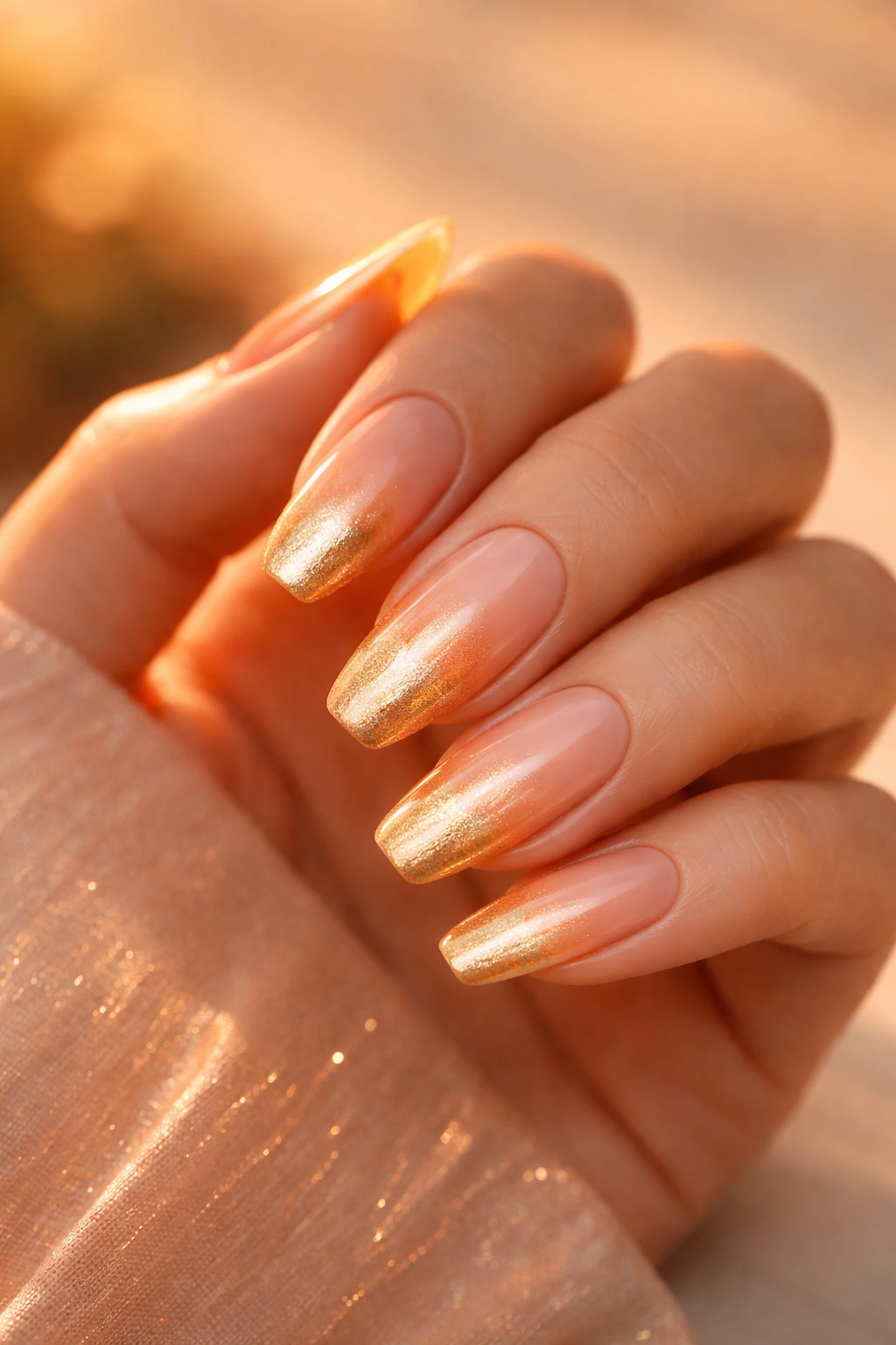Nails peachy nude to gold gradient with warm sunset tones