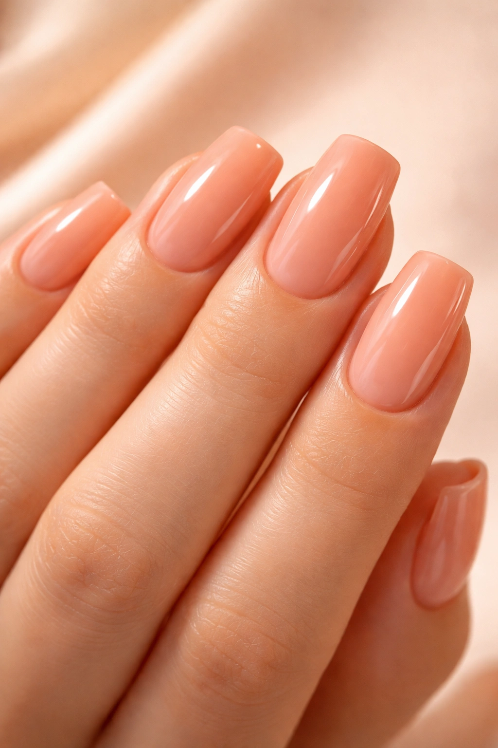 Close-up of peachy glossy soft square nails