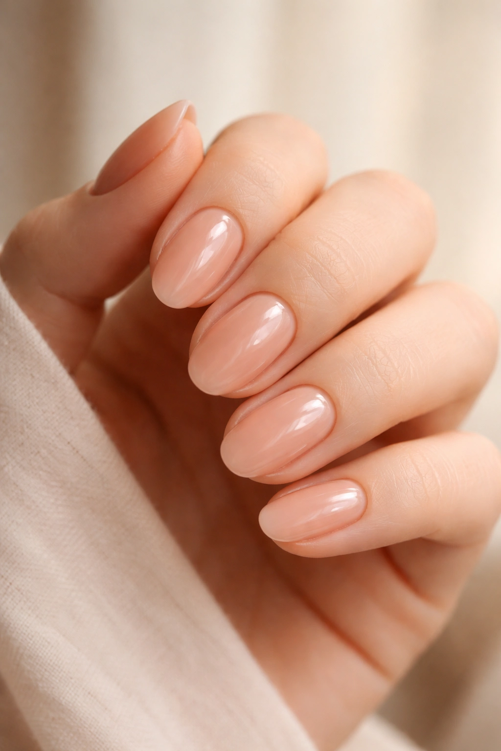 Short oval polygel nails in peachy neutral tone on a neutral backdrop