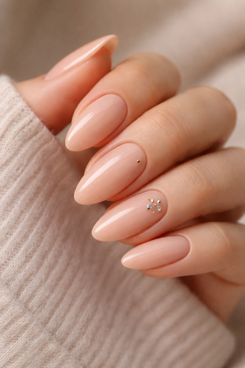 Peachy nude almond nails with tiny micro accents on a hand