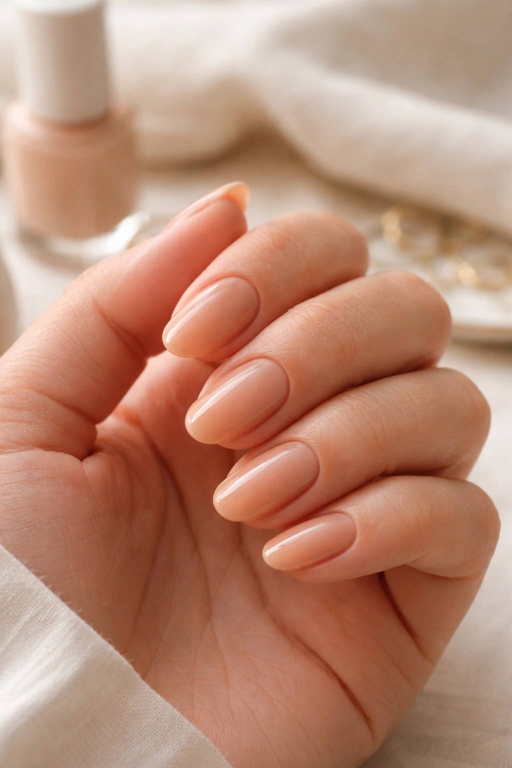 Almond nails painted in peachy nude shade flattering warm undertones
