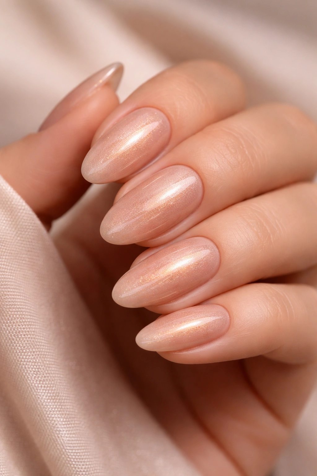 Close-up of peachy nude cat eye nails with champagne shimmer on a hand