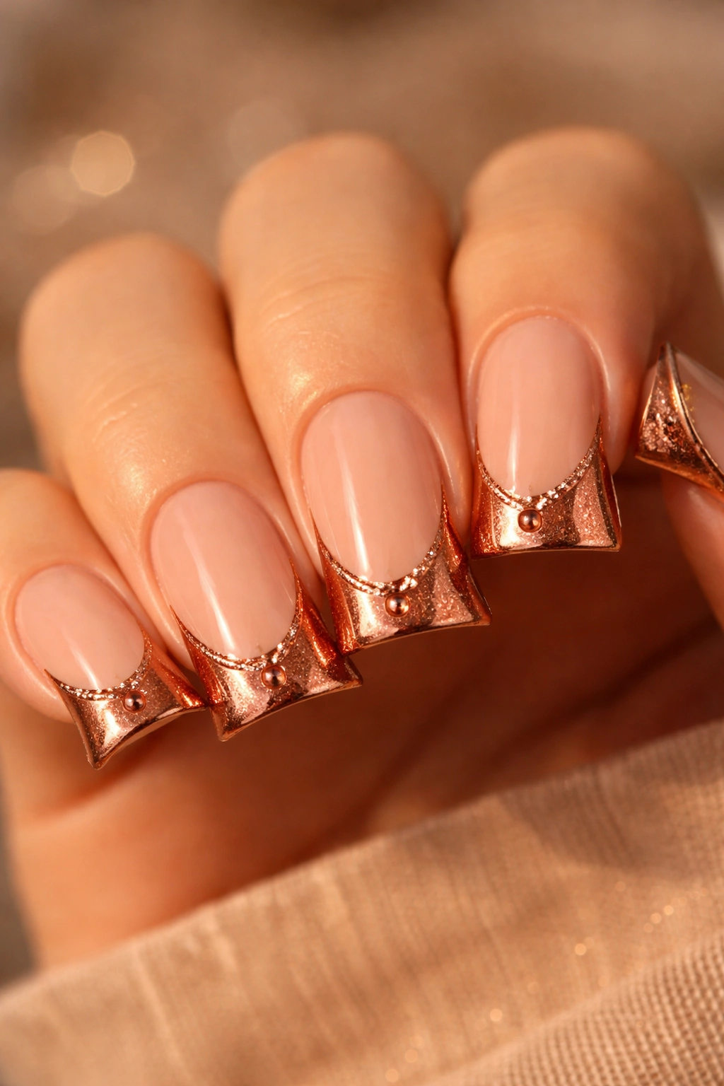 Peachy nude duck nails with copper accents on tips