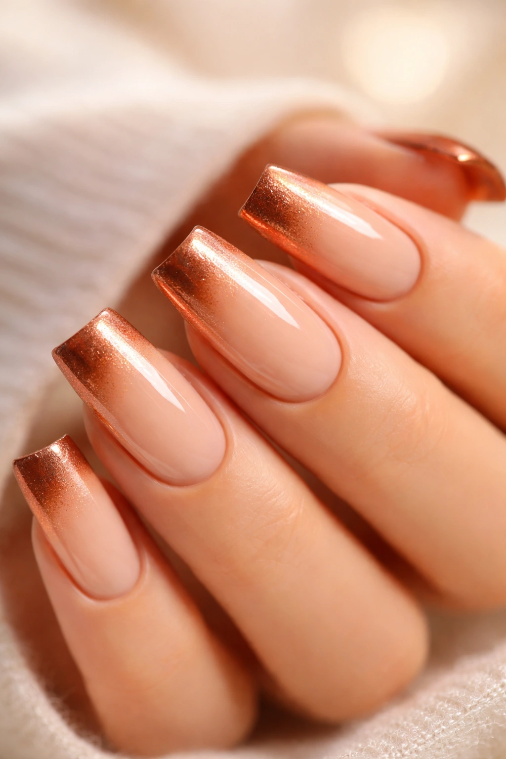 Close-up of peachy nude nails with copper tips on medium duck nails