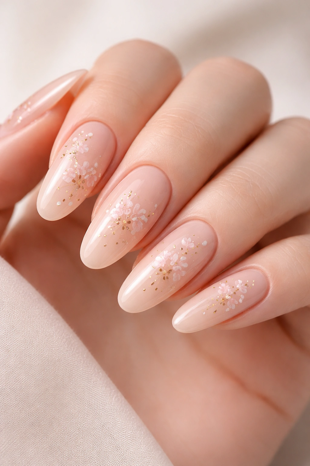 Nails in peachy nude with tiny delicate floral stamps