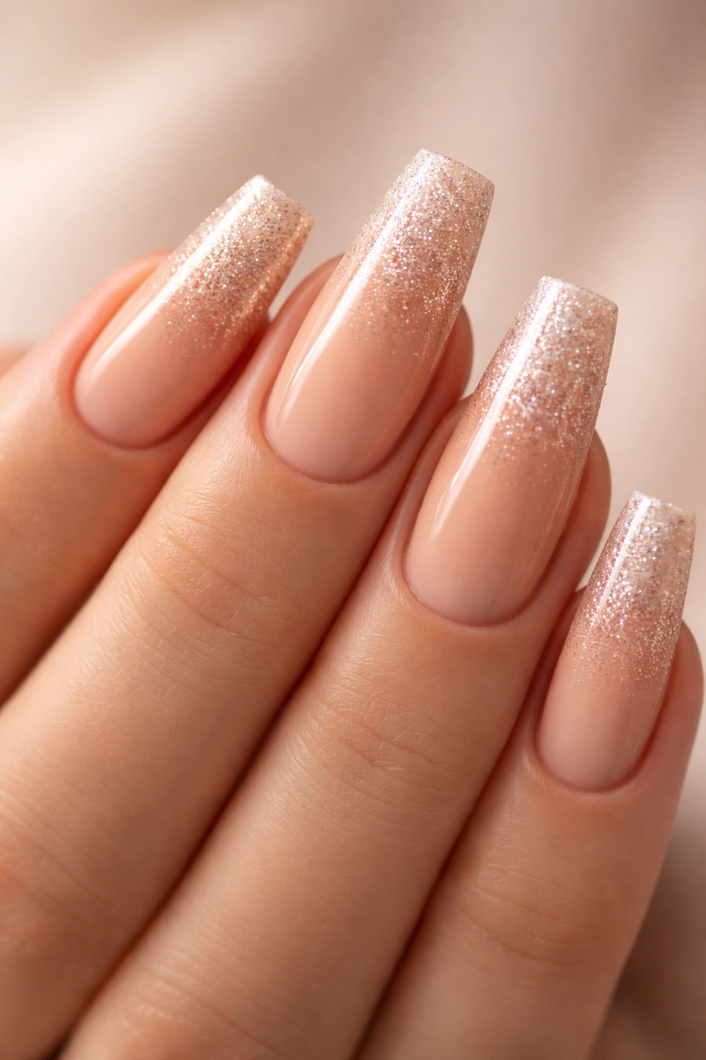 Close-up of medium coffin nails with peachy nude base and thin glitter gradient