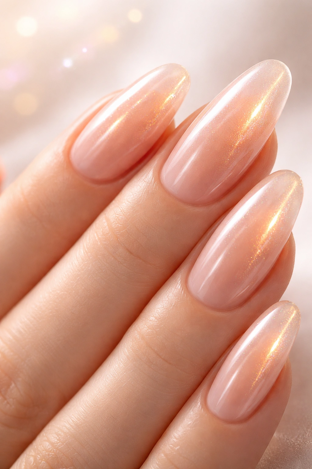 Close-up of peachy nude nails with radiant glow on long oval shape