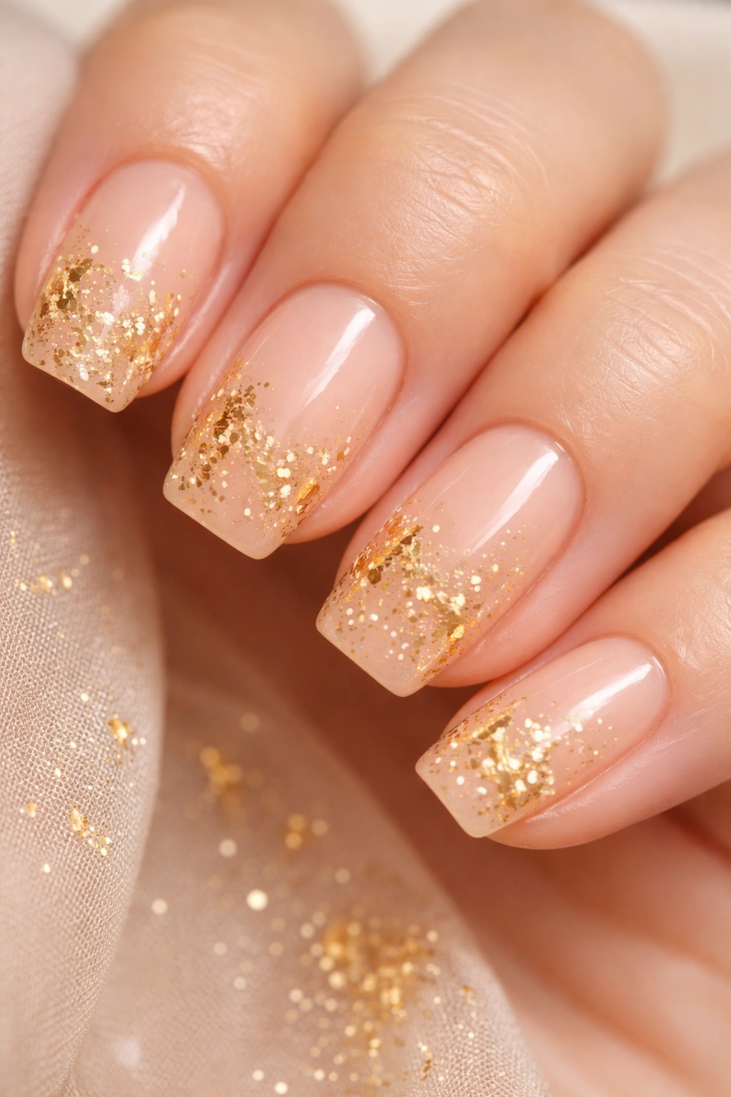 Close-up of peachy nude nails with gold leaf flakes