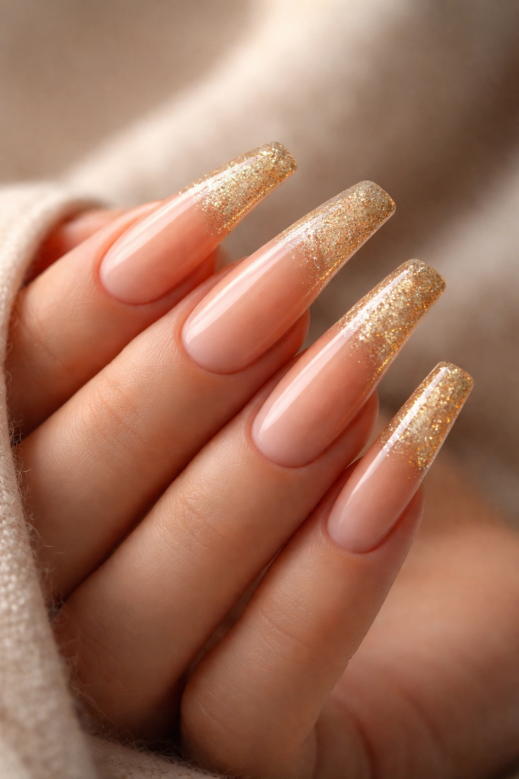Long curved duck nails with peachy-nude to gold shimmering gradient