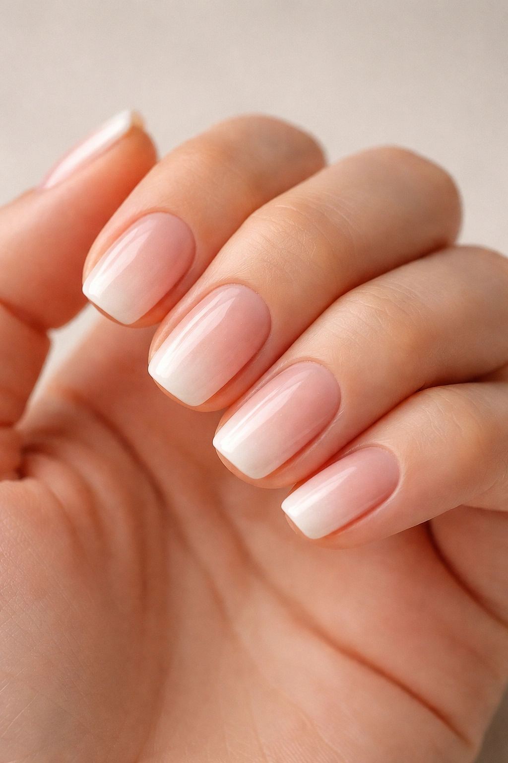 Close-up of short squoval nails with peachy nude gradient and micro French fade