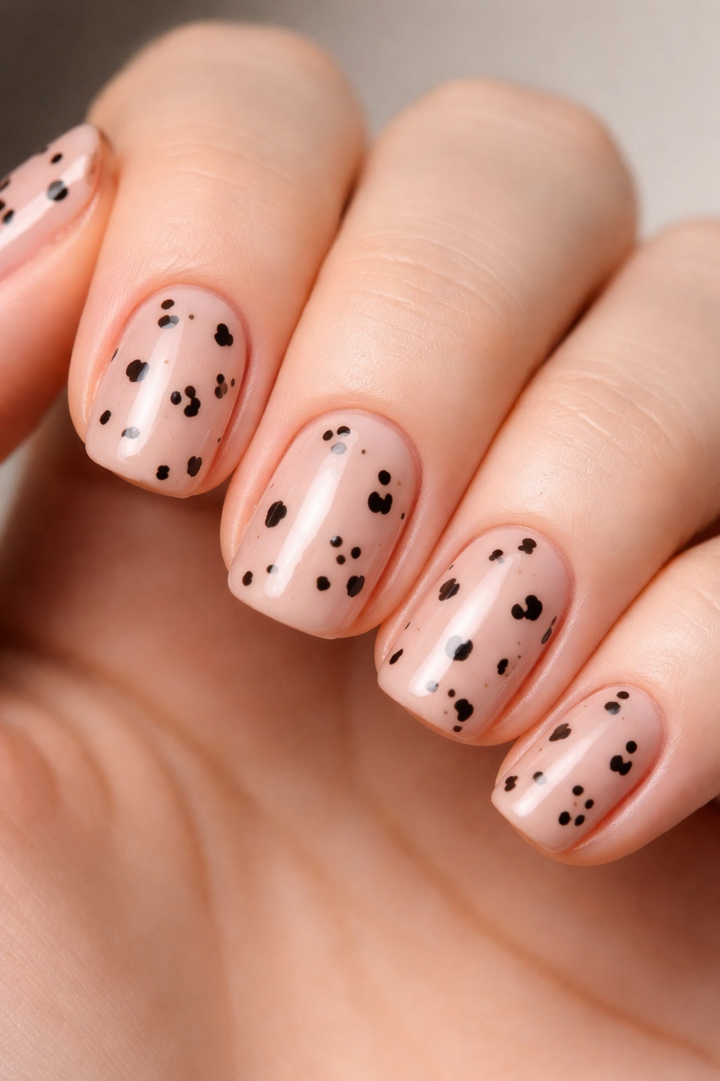 Close-up of peachy nude squoval nails with minimalist leopard spots