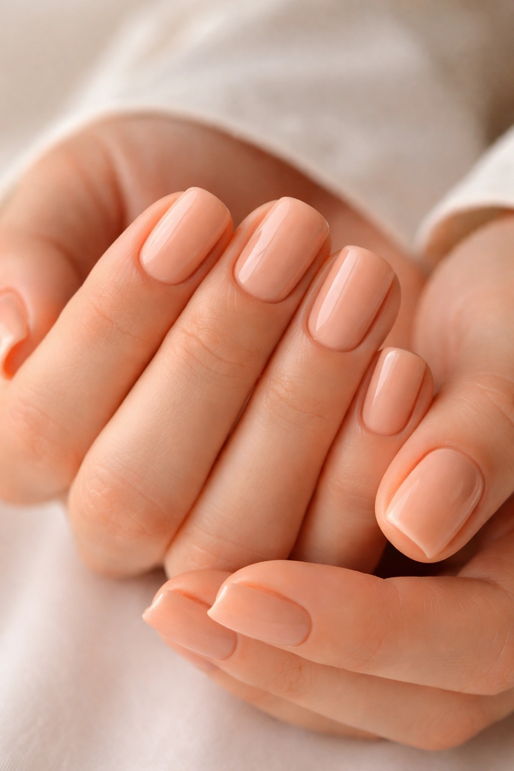 Close-up of hands with peachy nude squoval nails on a neutral background