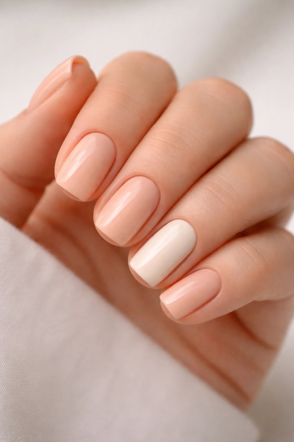 Close-up of short squoval nails with peachy nude color and a single cream accent nail