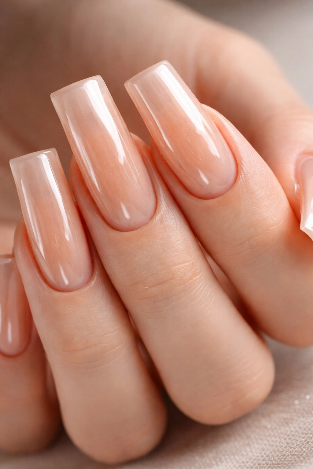 Close-up of peachy nude curved duck nails with a thick glazed donut finish.