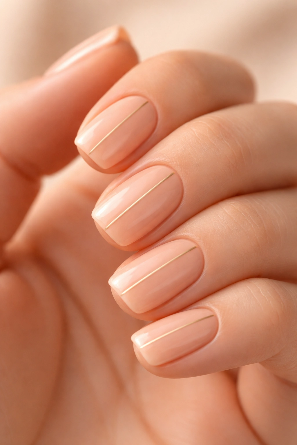 Close-up of short squoval nails in peachy nude with gold lines