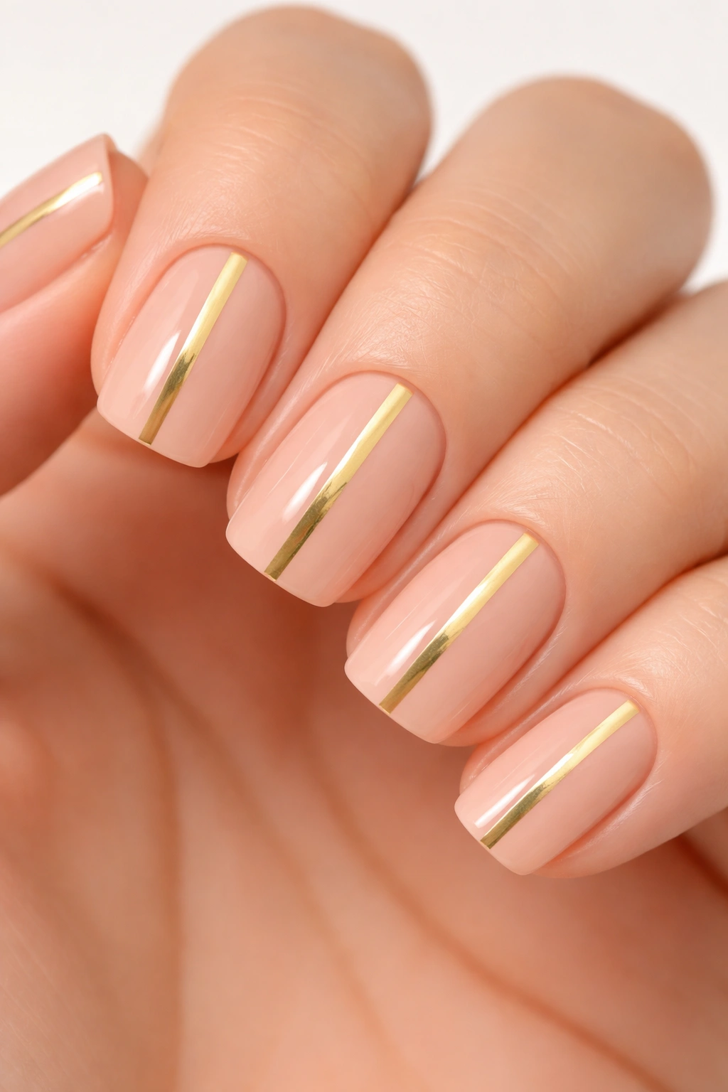 Close-up of peachy nude nails with centered brushed gold stripe