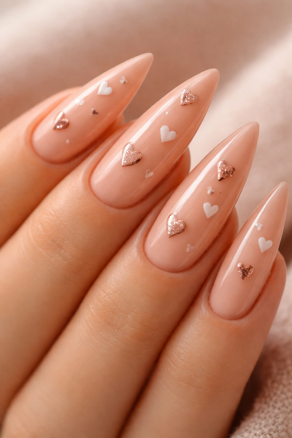 Close-up of peachy-nude stiletto nails with tiny hearts
