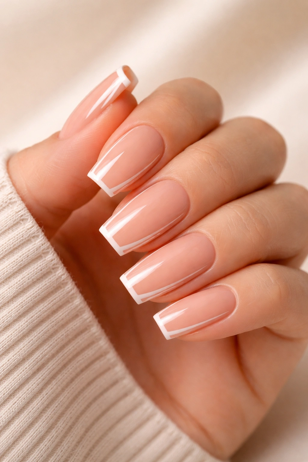 Close-up of peachy nude nails with a white accent line on soft square tips