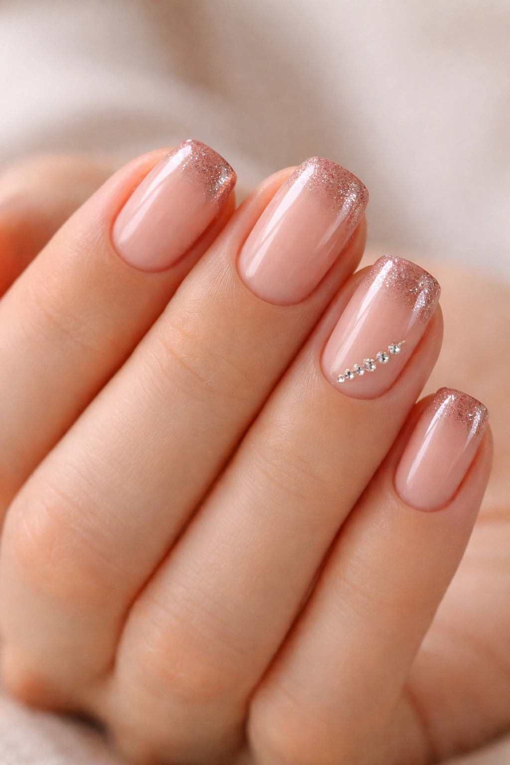 Close-up of short squoval nails with peachy nude base, rose-gold gradient tips, and tiny rhinestones