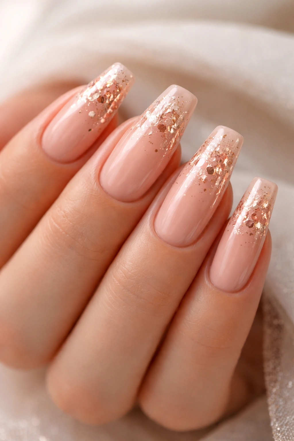 Close-up peachy nude coffin nails with rose gold foil flecks