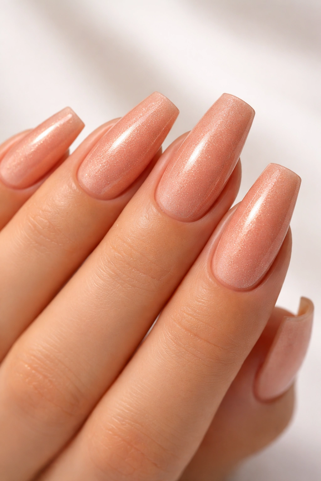 Close-up of medium coffin nails in peachy nude with rose gold shimmer