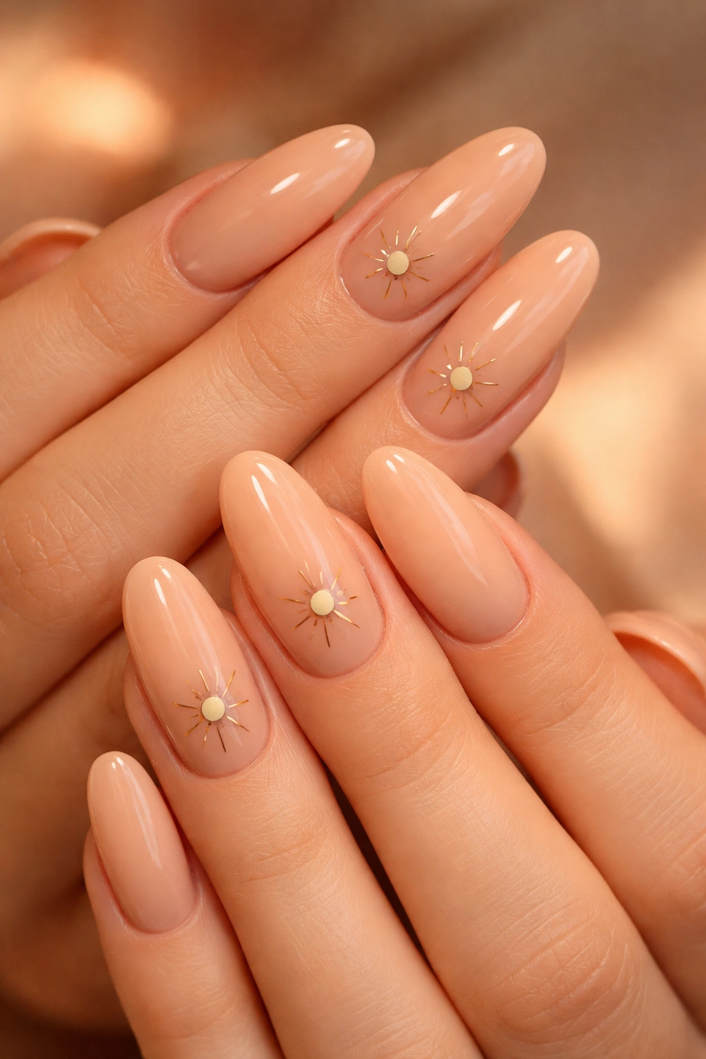 Close-up of peachy nude nails with a minimalist sun design on long round nails