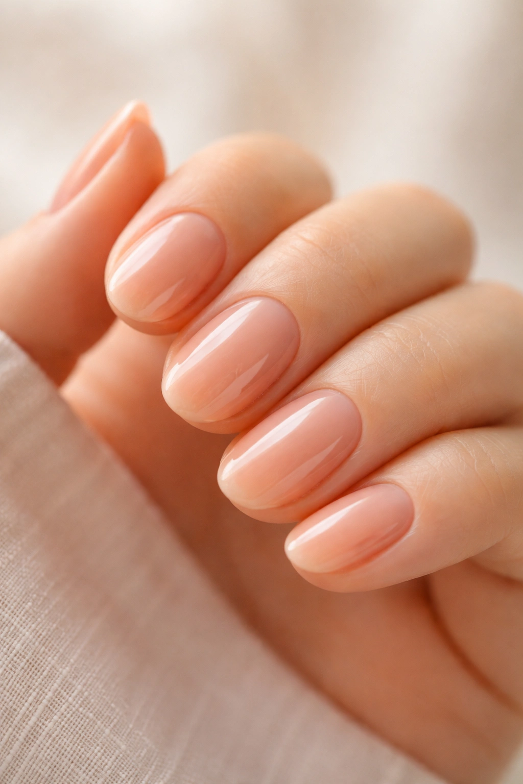 Close-up of short oval nails in peachy nude with fresh tint