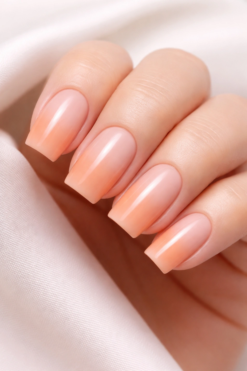Peachy nude ombre nails on soft square nails with smooth gradient