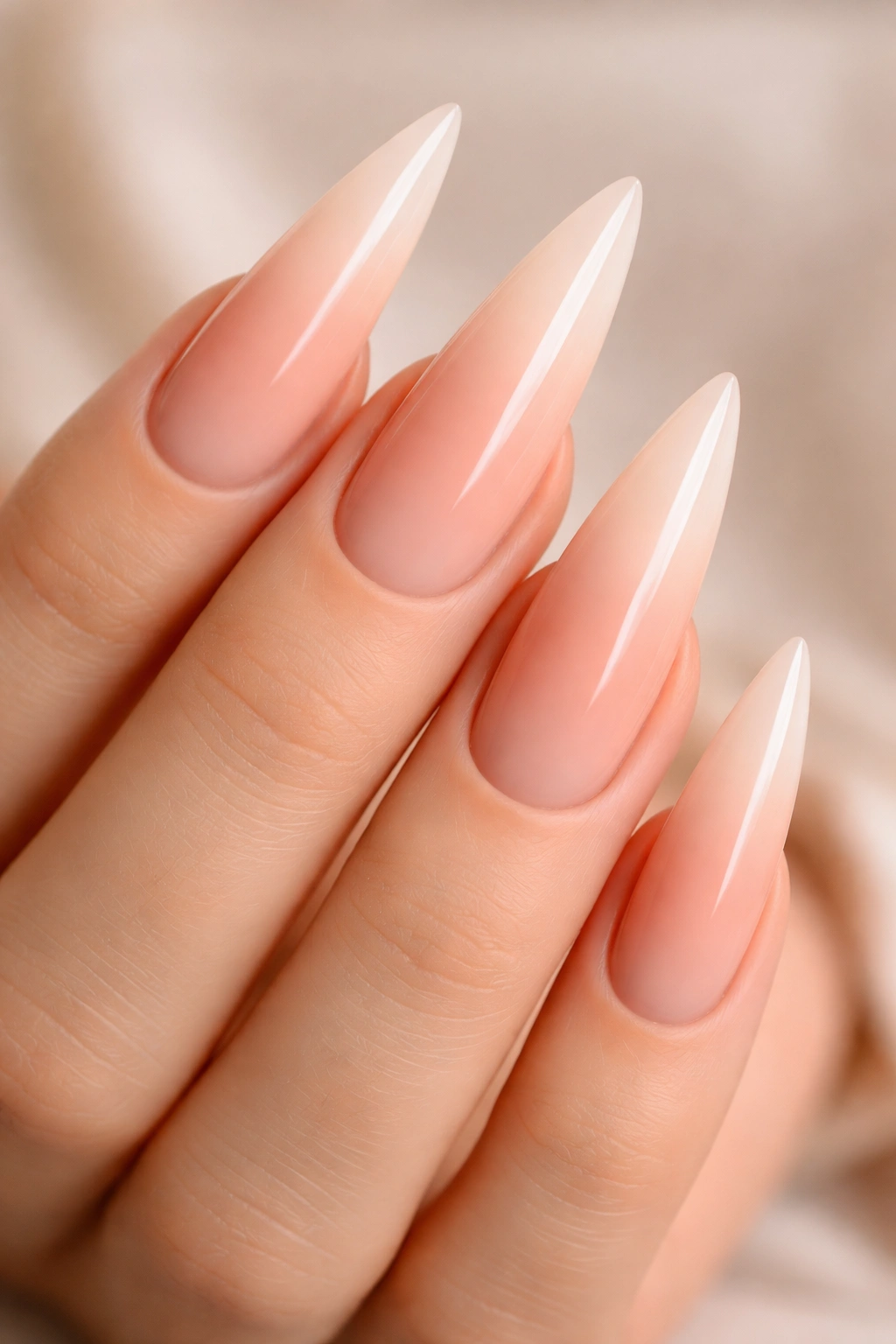 Close-up of peachy nude ombre stiletto nails with soft gradient under diffused studio lighting