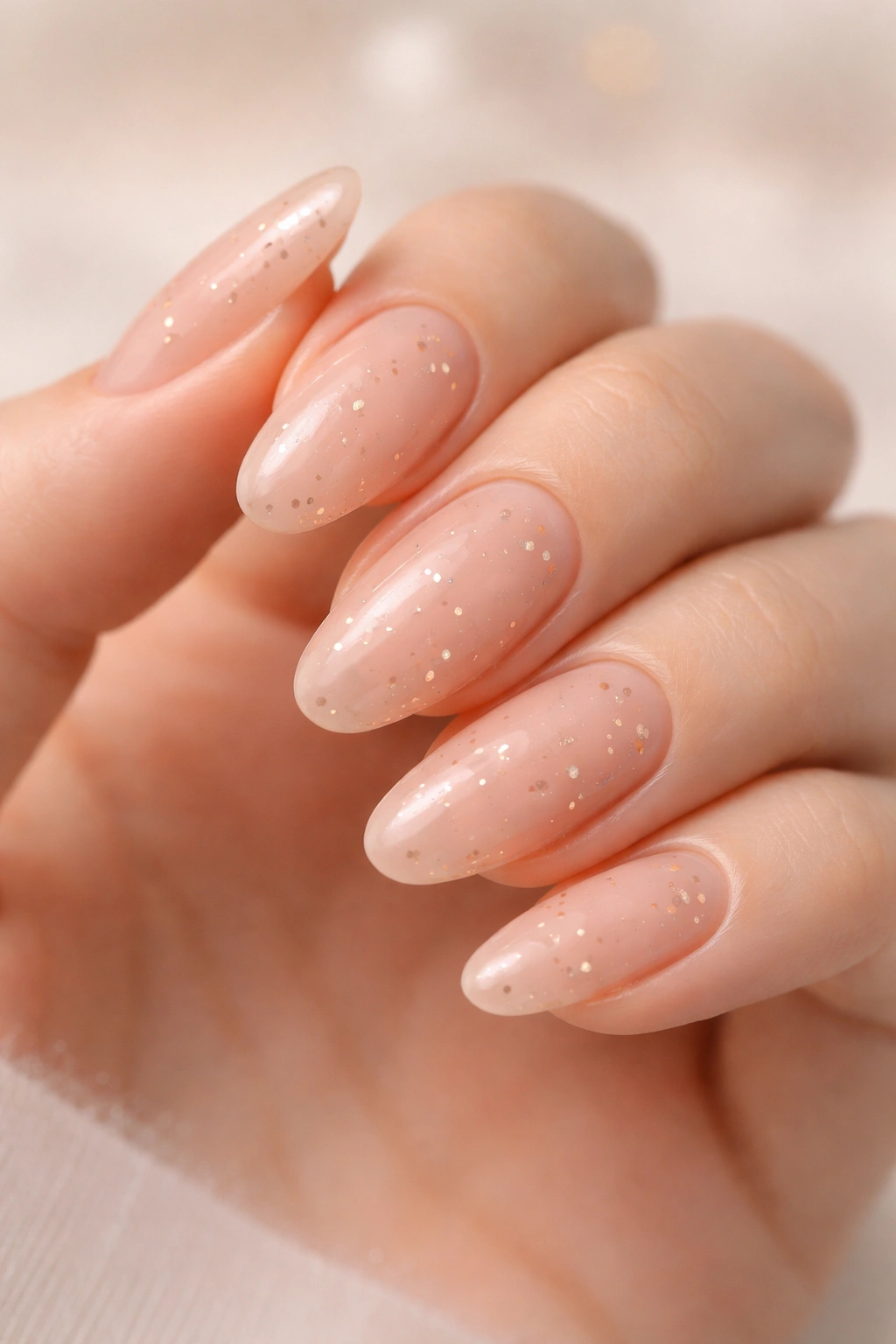 Close-up of peachy nude nails with scattered rose gold dots