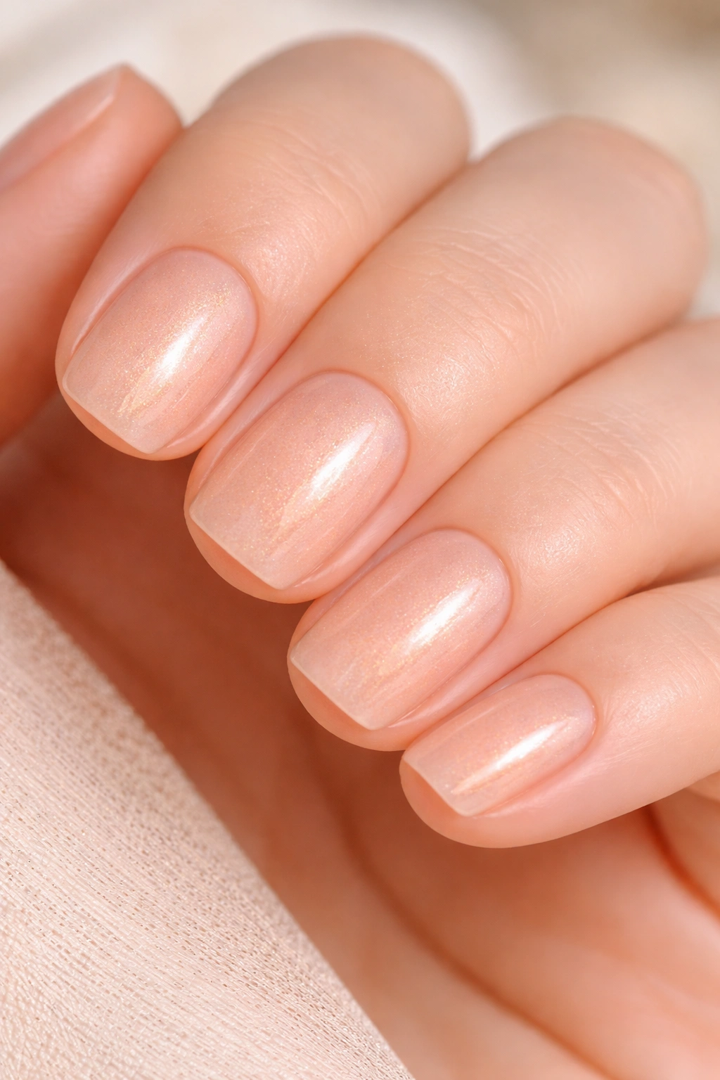 Close-up of peachy nude nails with subtle shimmer on a neutral background
