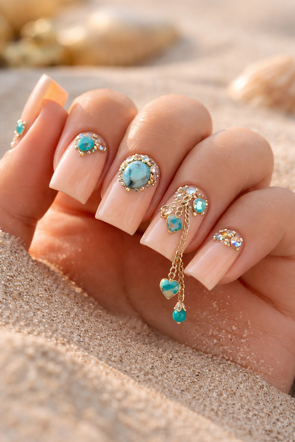 Peachy nude nails with turquoise charm accents.