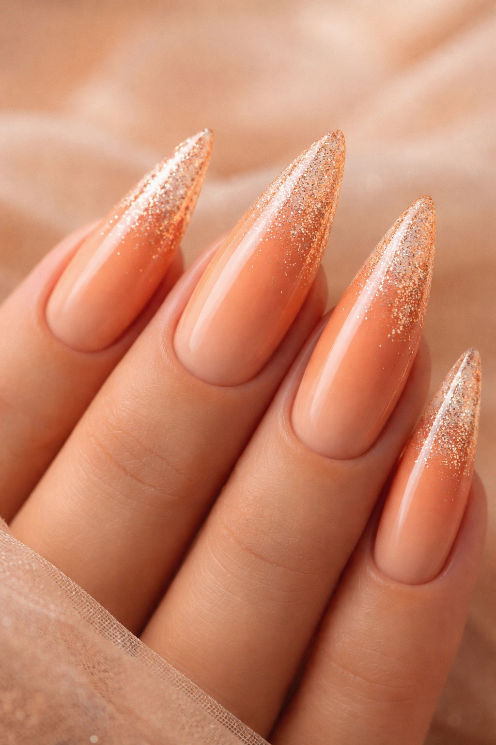Close-up of peachy orange nails with glitter gradient at tips