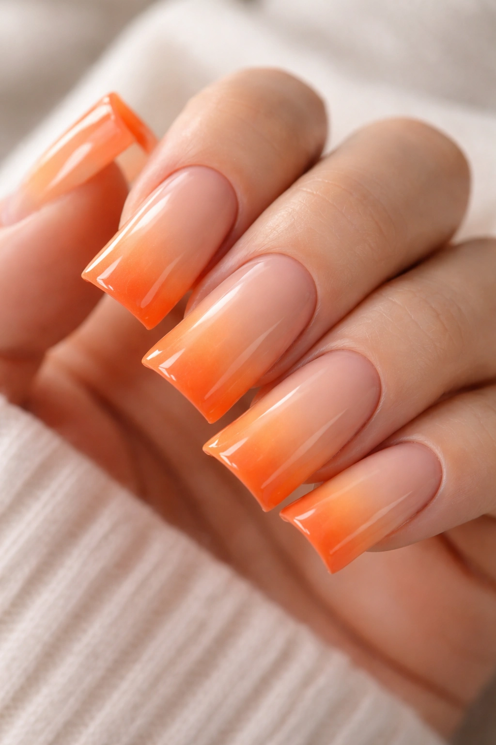 Close-up of peachy-orange ombre French duck nails
