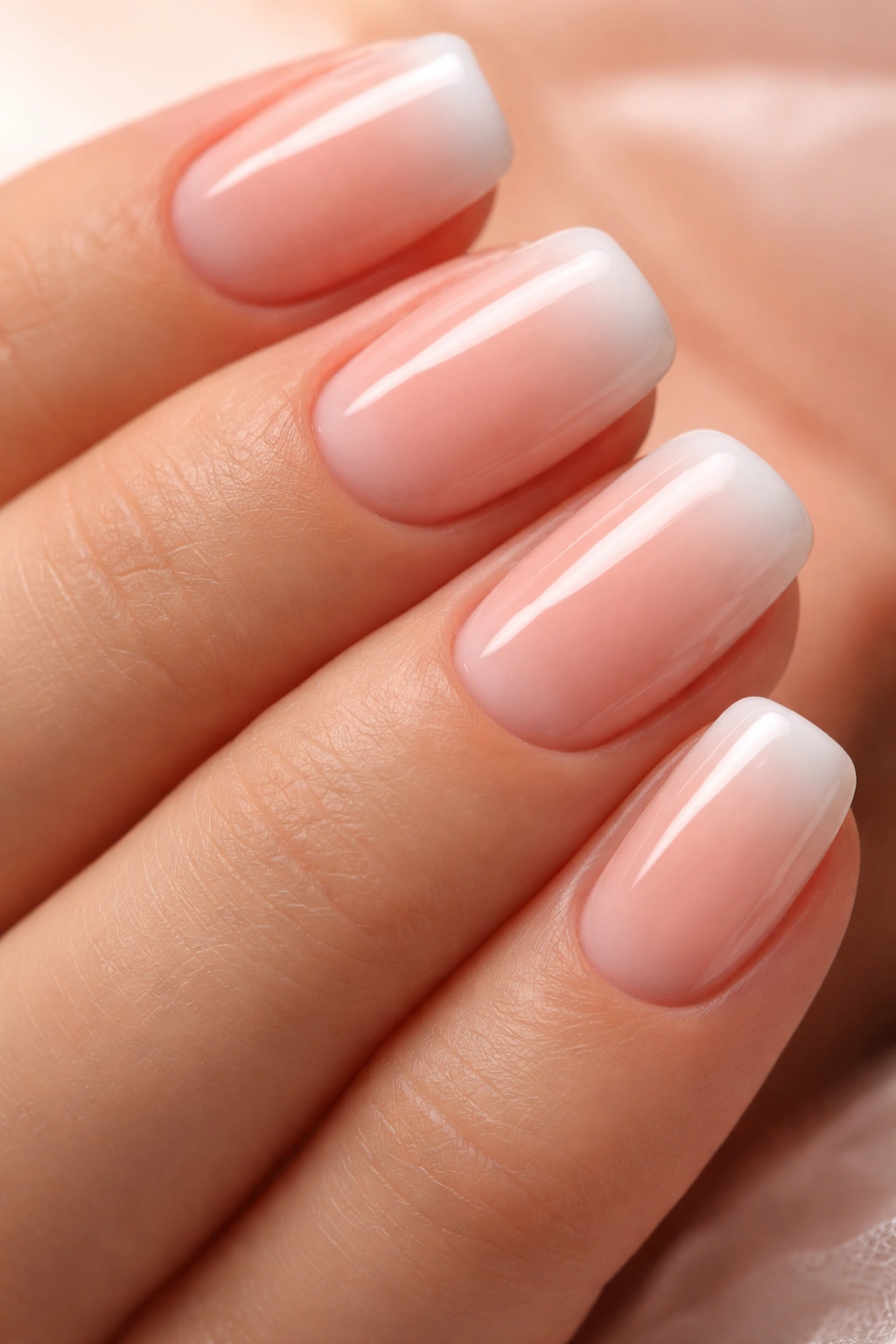 Close-up of nails with peachy-pink base and blurred white tip
