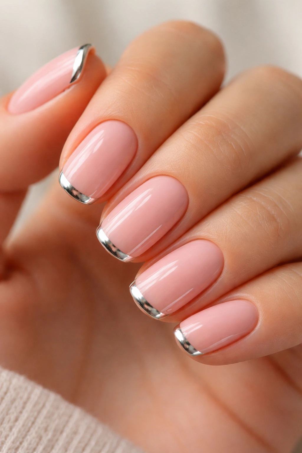 Close-up of peachy pink nails with a thin chrome edge along the free edge.