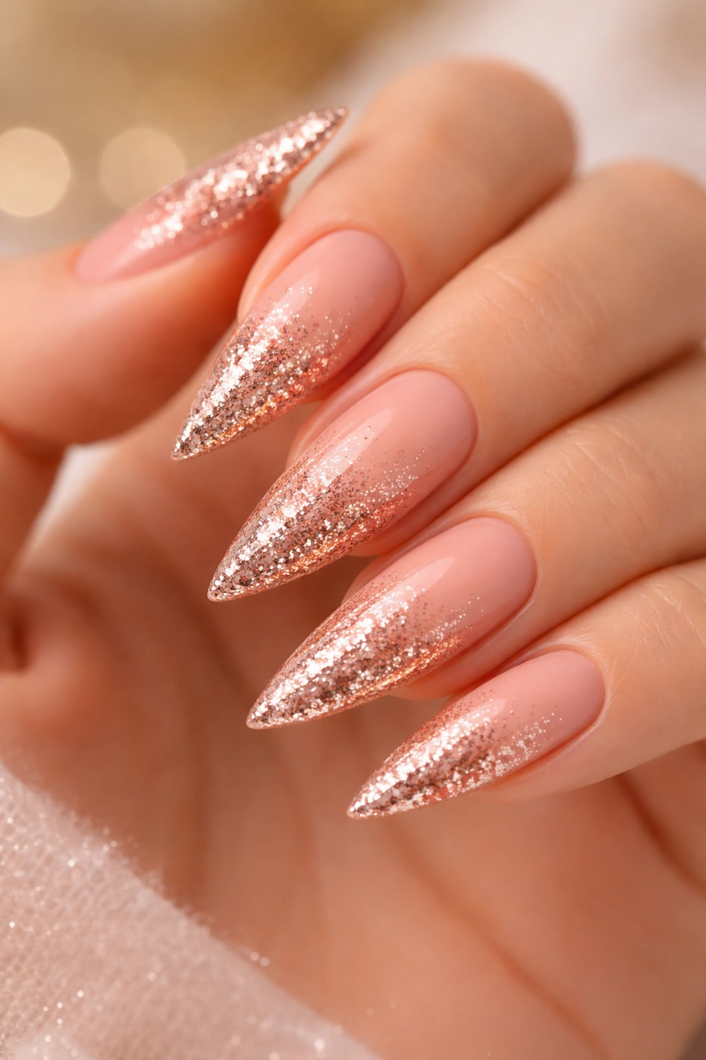 Close-up of peachy-pink stiletto nails with rose gold glitter at the tips.