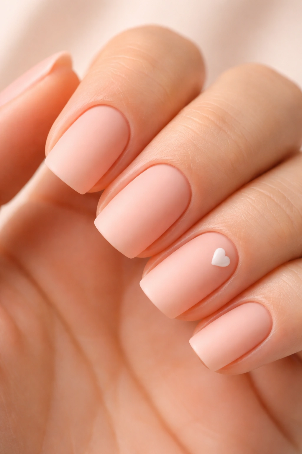 Close-up of peachy pink nails featuring a tiny heart accent on the ring finger