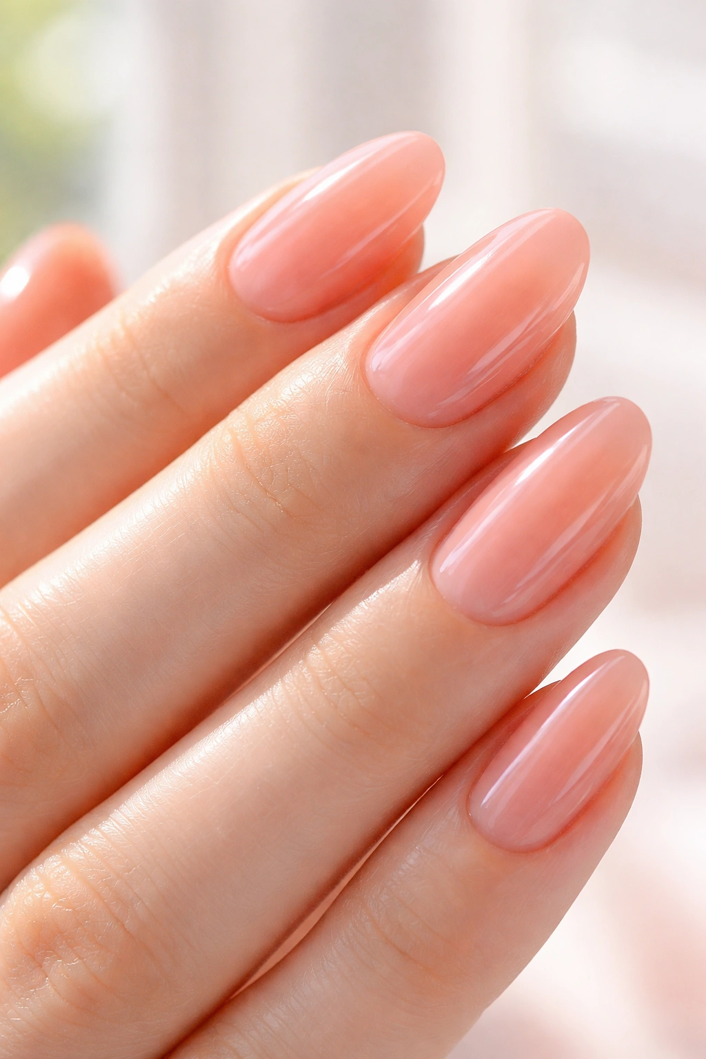 Translucent peachy pink jelly nails on oval shape