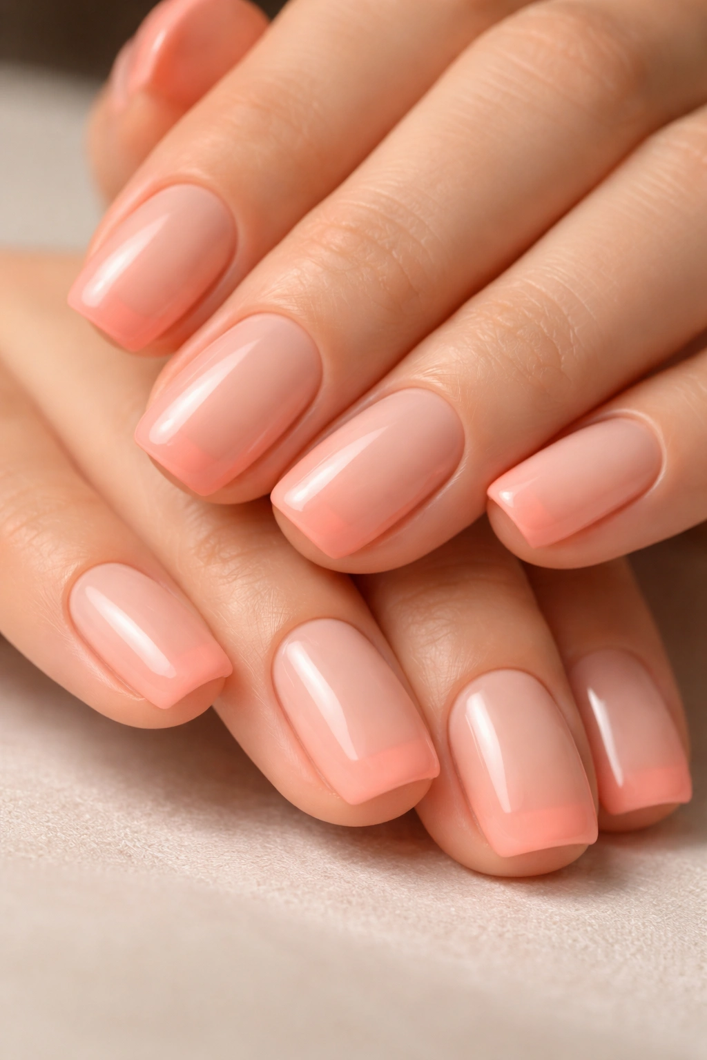 Close-up of soft peachy pink French tip on short squoval nails