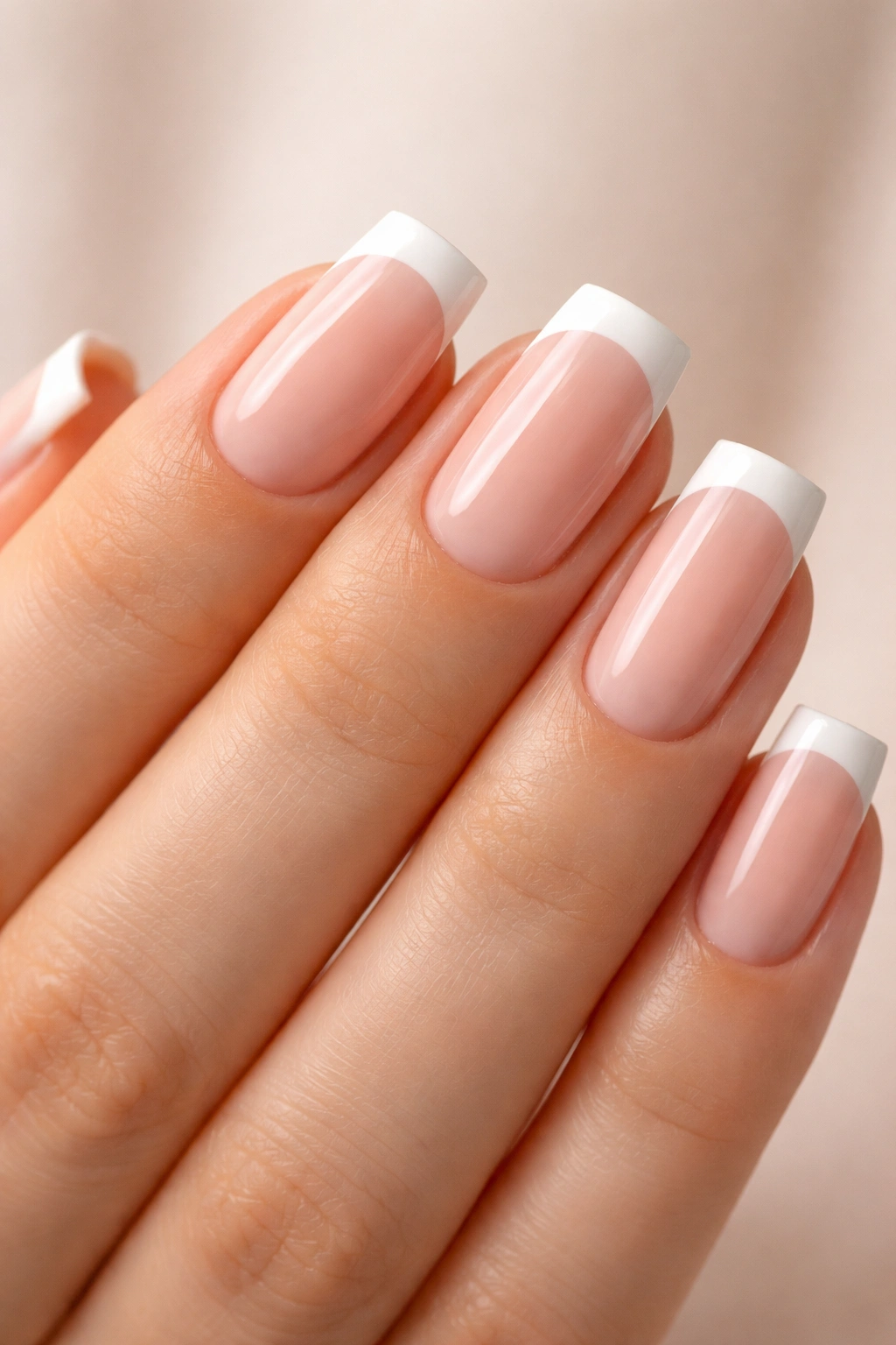 Peachy pink nails with white French tips