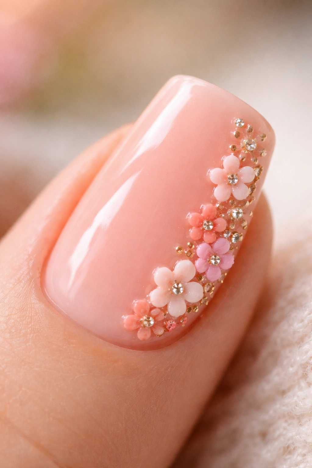 Close-up of peachy-pink nail with a cluster of tiny flower charms on one side.