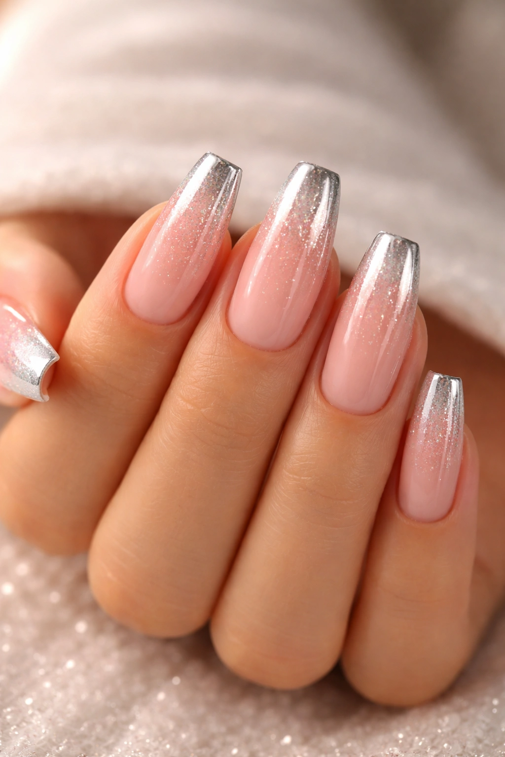 Close-up of peachy pink coffin nails with glitter gradient and chrome tip on a neutral background