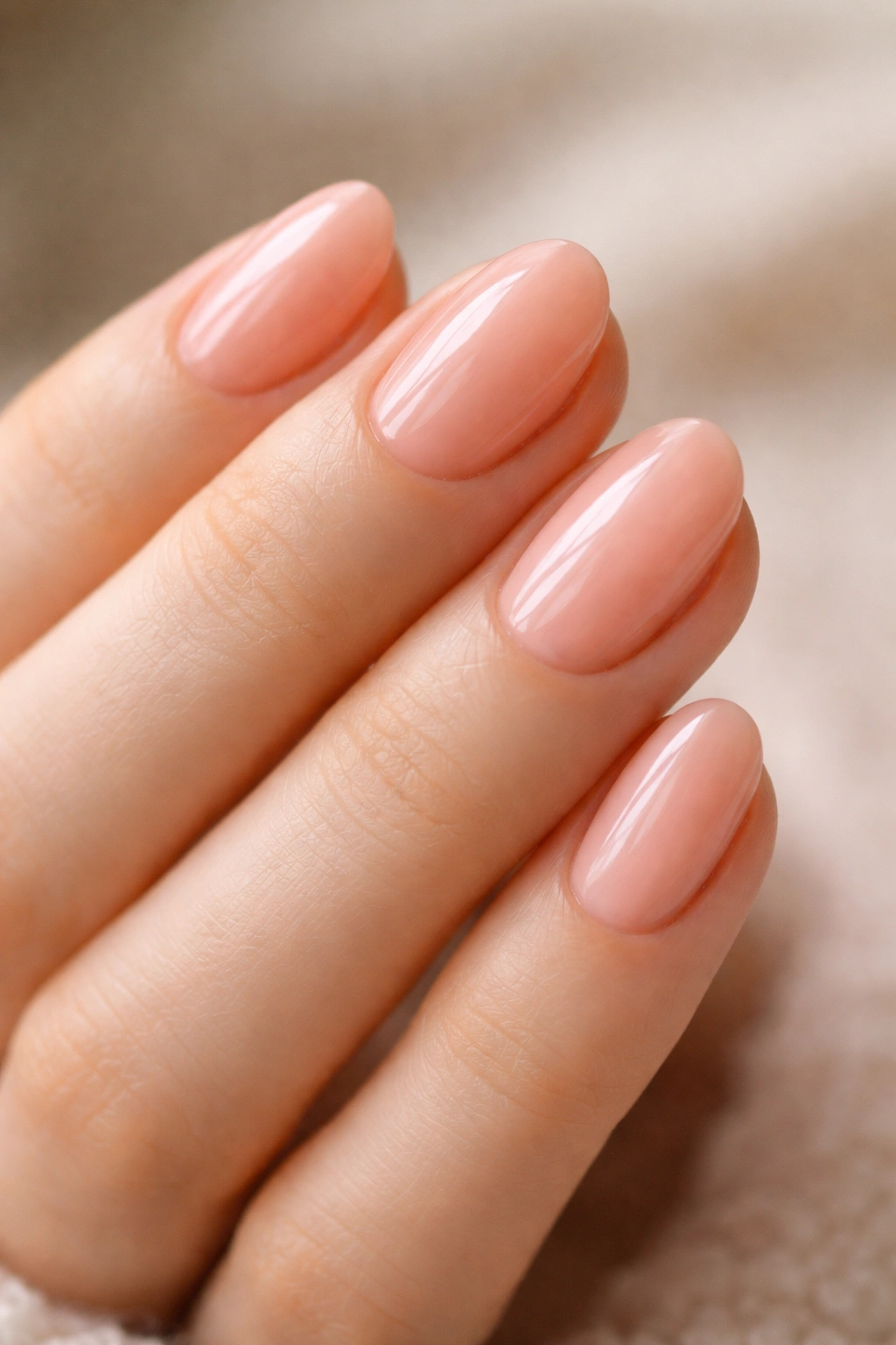 Close-up of short oval nails in peachy pink with a soft glow