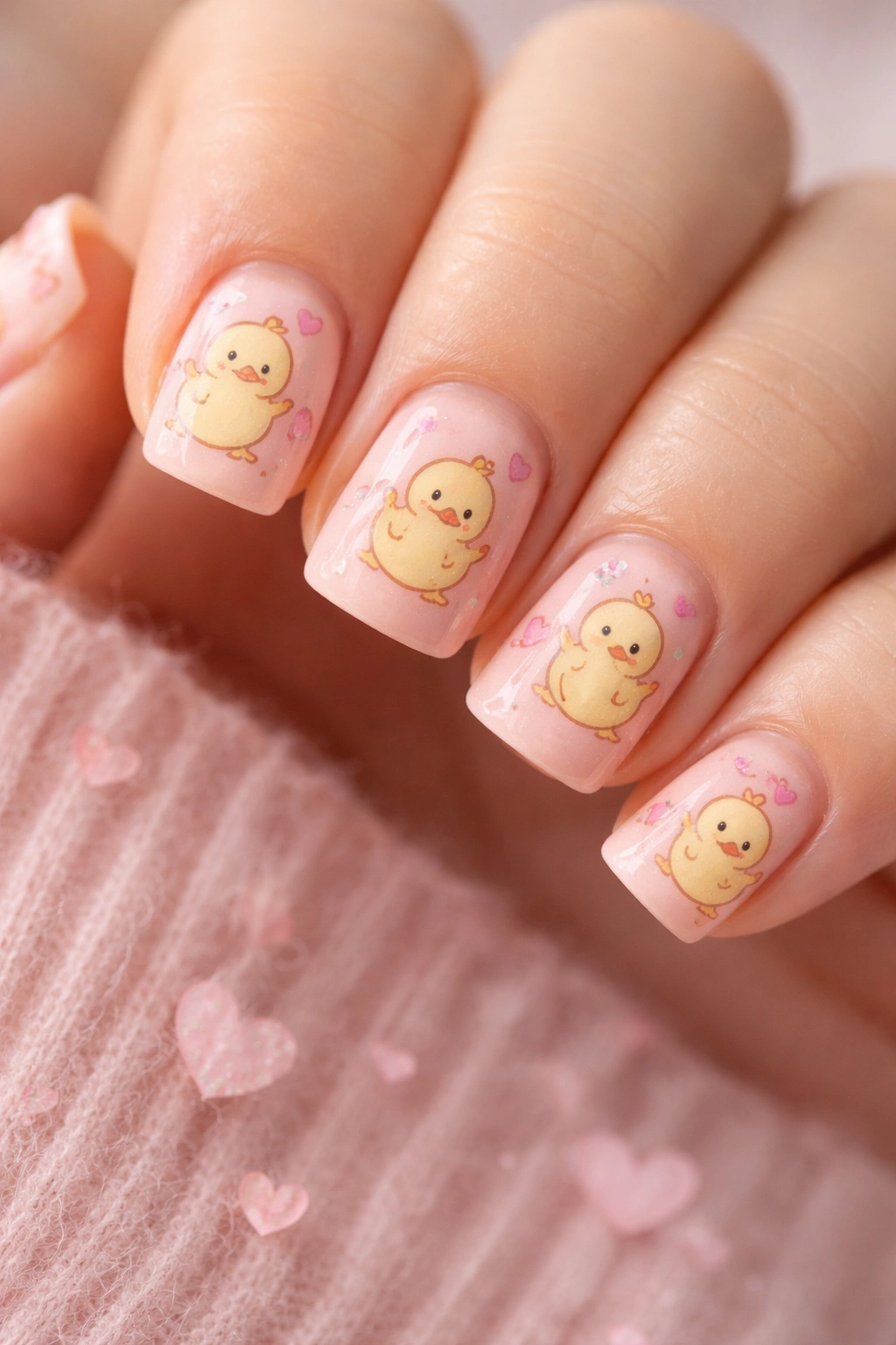 Close-up of peachy-pink nails with hand-drawn duck doodles and tiny hearts