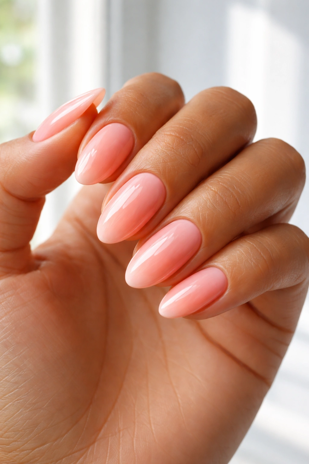 Close-up of a tan-skinned hand with peachy-pink nails