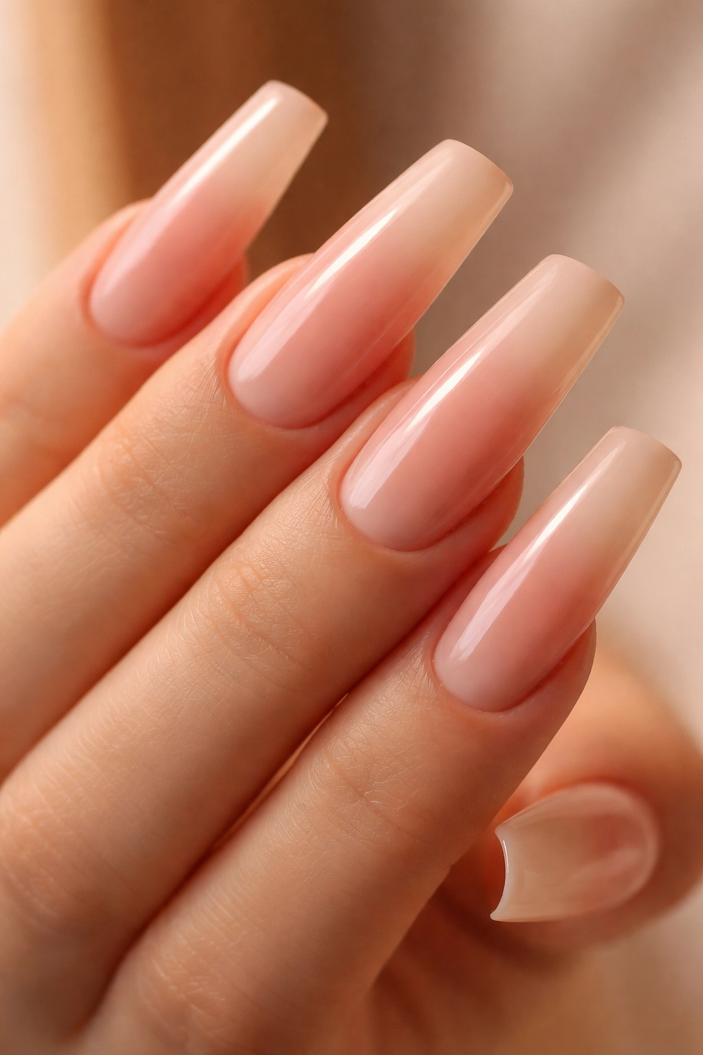 Close-up of peachy-pink to nude ombre duck nails on a hand