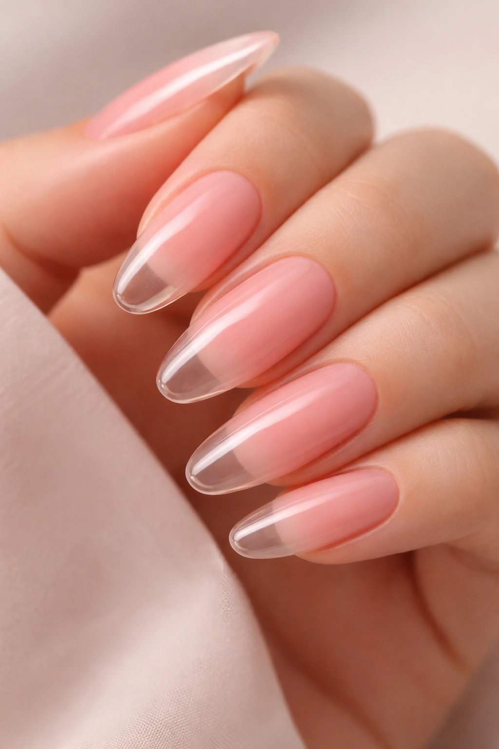 Close-up of long oval nails showing peachy-pink base fading to clear tips with a subtle ombre